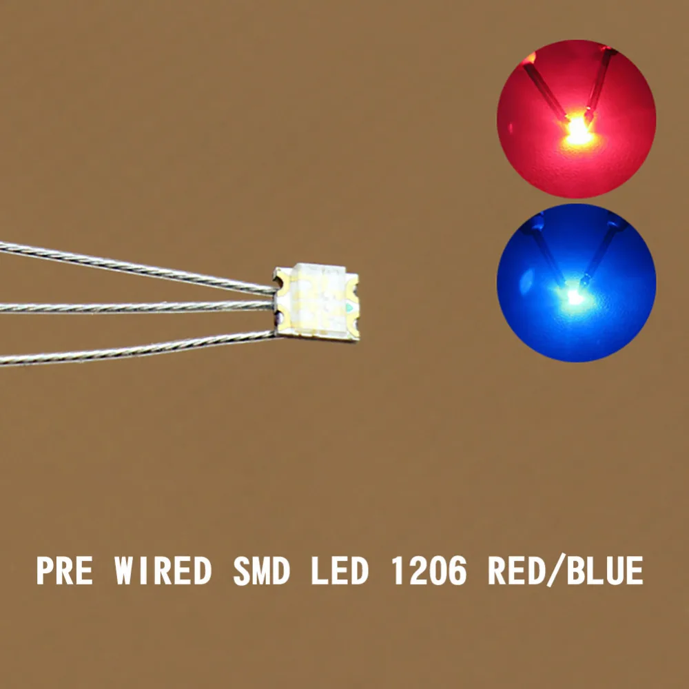 

DT1206RB 20pcs Bi-color RED/Blue Pre-wired litz PTFE Wire SMD LED 1206 Light with Resistor