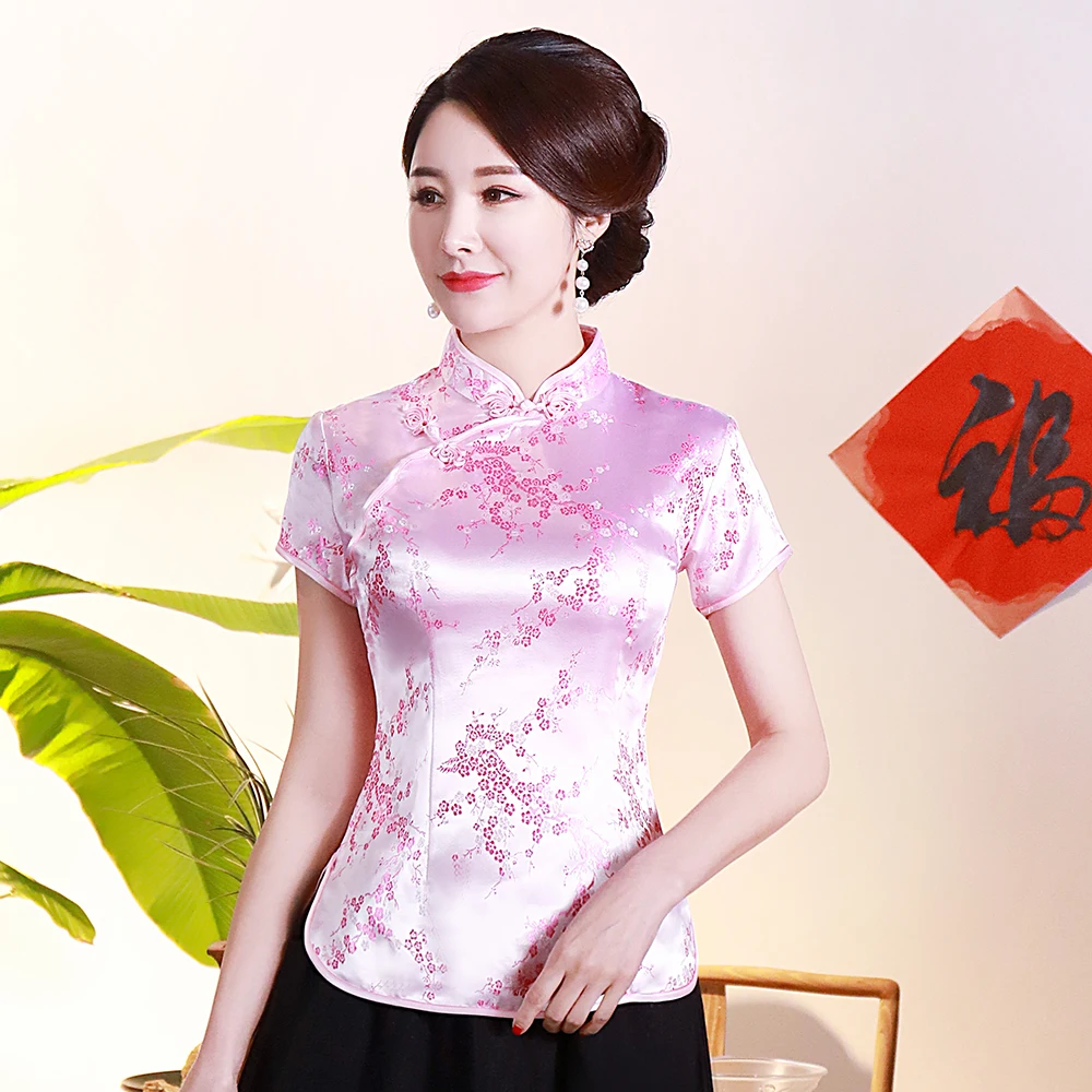 Orientalischen Stil Damen Traditionelle Shirt Sommer Neue Blume Rayon Chinesische Bluse GROßE GRÖßE 3XL 4XL Rosa Elegante Tops Tang Kleidung