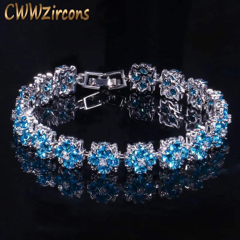 CWWZircons High Quality White Gold Color Chain Link CZ Zirconia Stone And Austrian Light Blue Crystal Bracelets for Women CB187