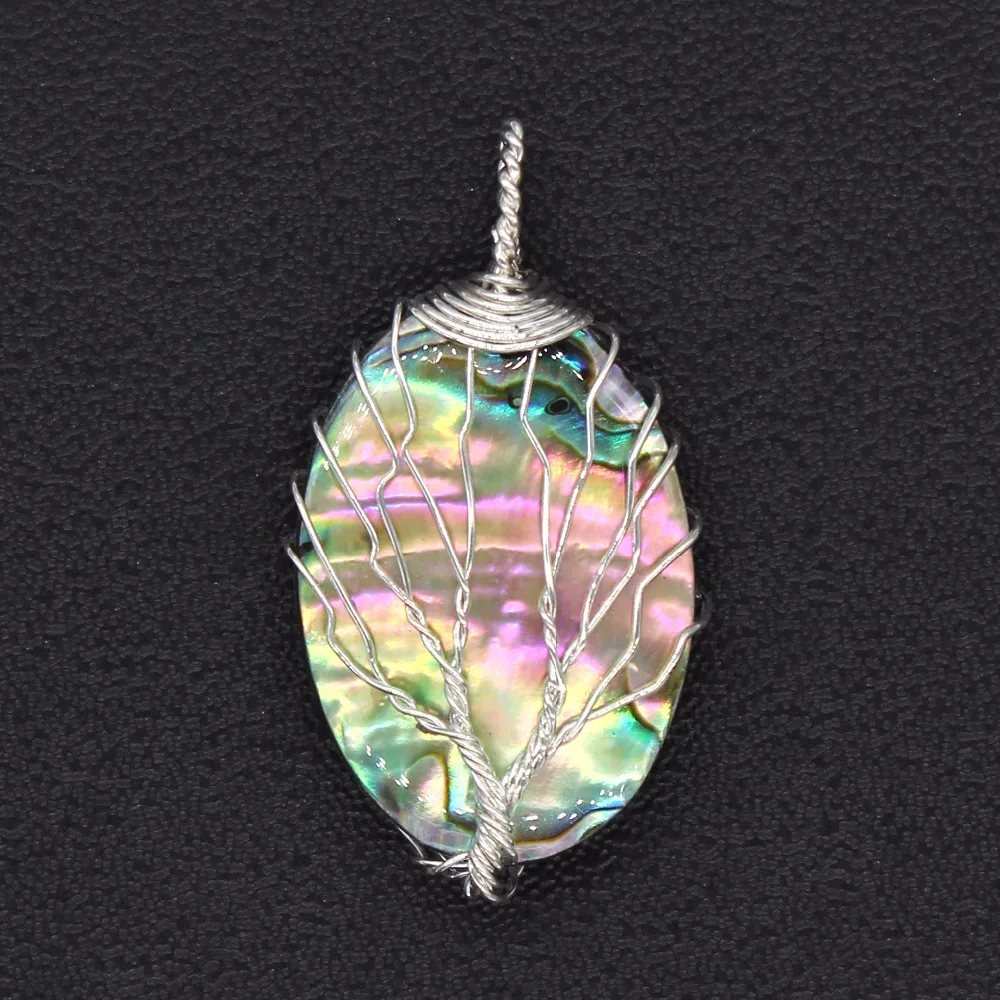 100-Unique 1 Pcs Ethnic Silver Plated Wire Wrap Oval Shape Abalone Shell Pendant Statement Jewelry