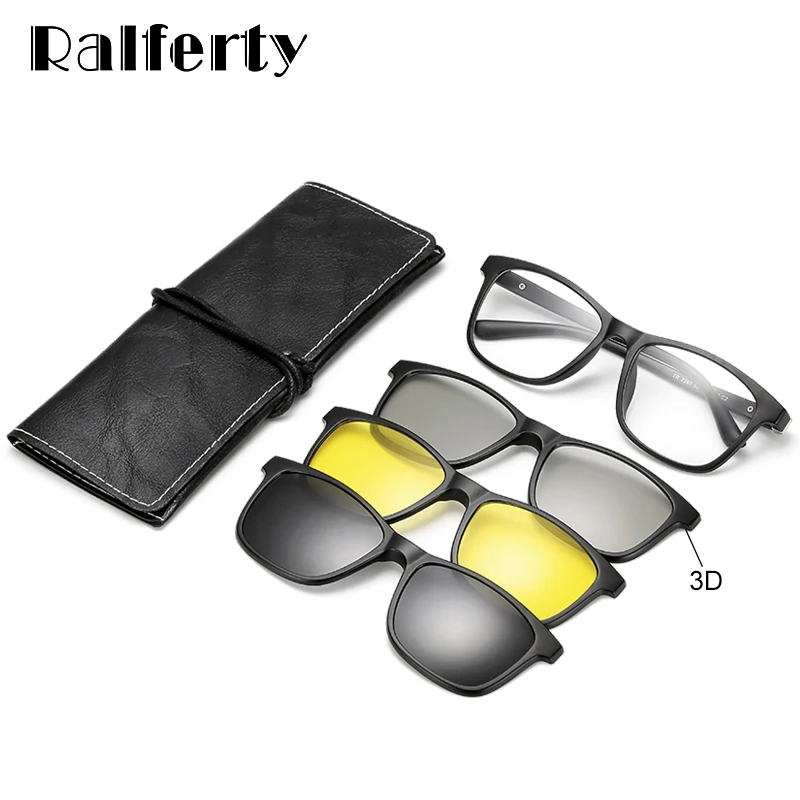 Ralferty Multi-Function Magnetic Polarized Clip On Sunglasses Men Women TR90 3D Yellow Night Vision Glasses Myopia Optic Frames