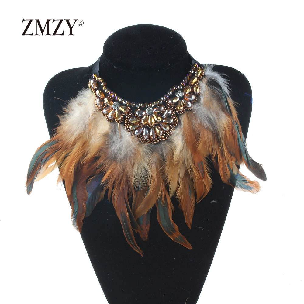 ZMZY Feather Hand-made Red Choker Necklace Women Hot Collar Neck Maxi Collier Trendy Glass Statement Jewelry