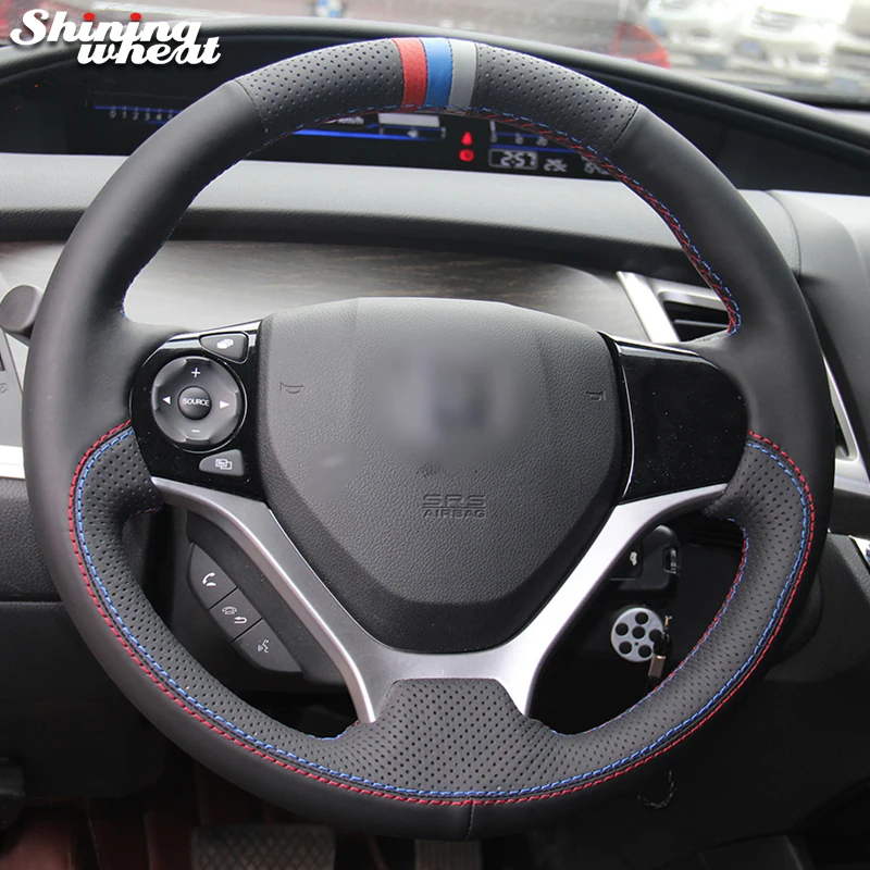 Shining wheat Red Blue Gray Marker Black Genuine Leather Car Steering Wheel Cover for Honda Civic Civic 9 2012-2015