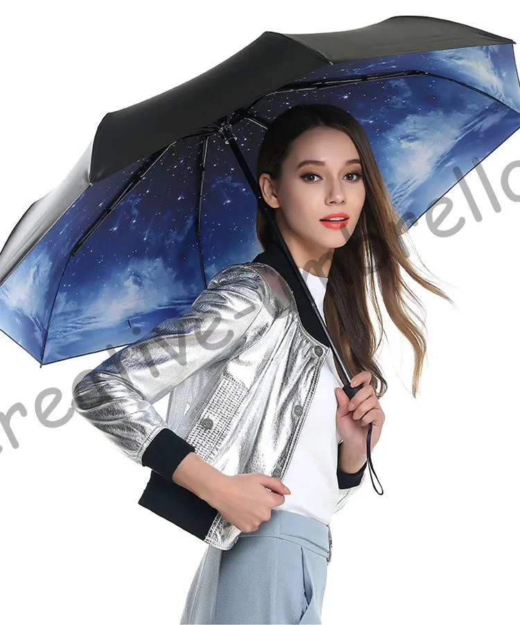 2pcs/lot colour options Fiberglass windproof 5 times black coating anti-UV parasol pocket folding starry sky printed umbrella