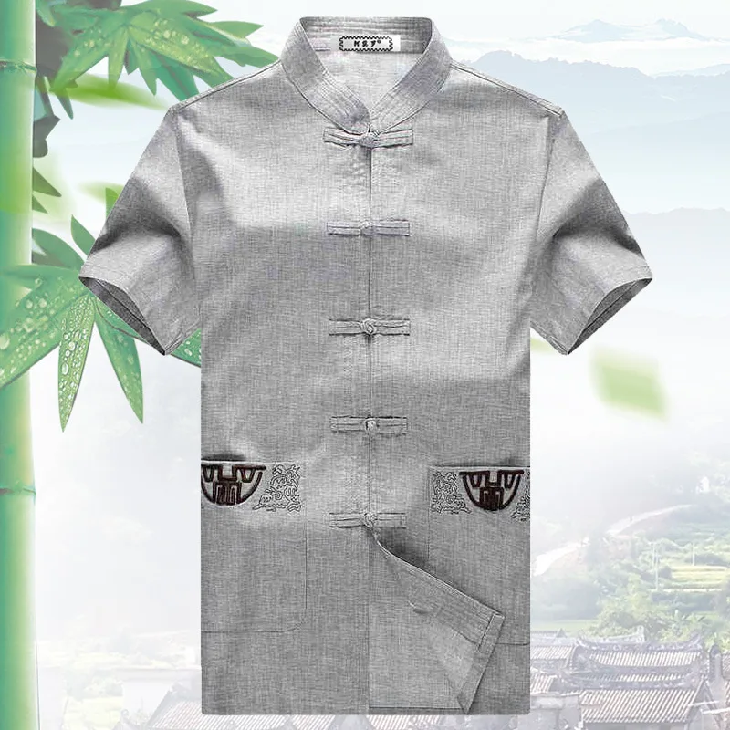 

Traditional Chinese Clothing Short Sleeve Cotton Linen tops for men Kung Fu Shirt Vintage Tang Suit Tops