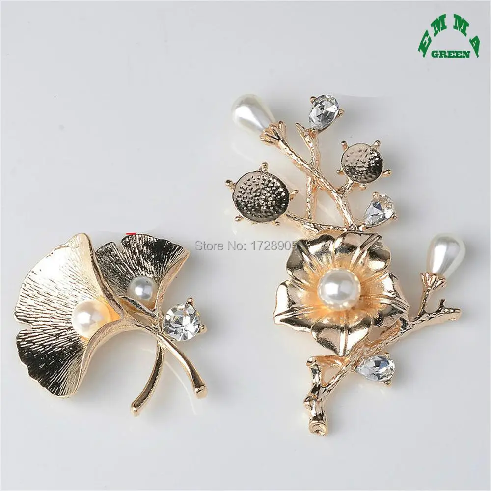 Ginkgo Leaf flower Button Embellishment with white Pearls Crystal Plum Blossom 56*33 mm 5 pcs Gold Color Flat back for Bridal