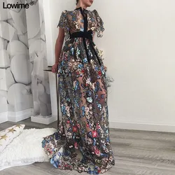 Printed Fabric Sexy Illusion Celebrity Red Carpet Dresses 2019 Long Sleeves Prom Dresses Custom Made vestido de festa