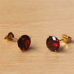 Stainless Steel Gold-color Vacuum Plating With 8mm Round AAA Pomegranate Red Zircon Stud Earrings 201903011428