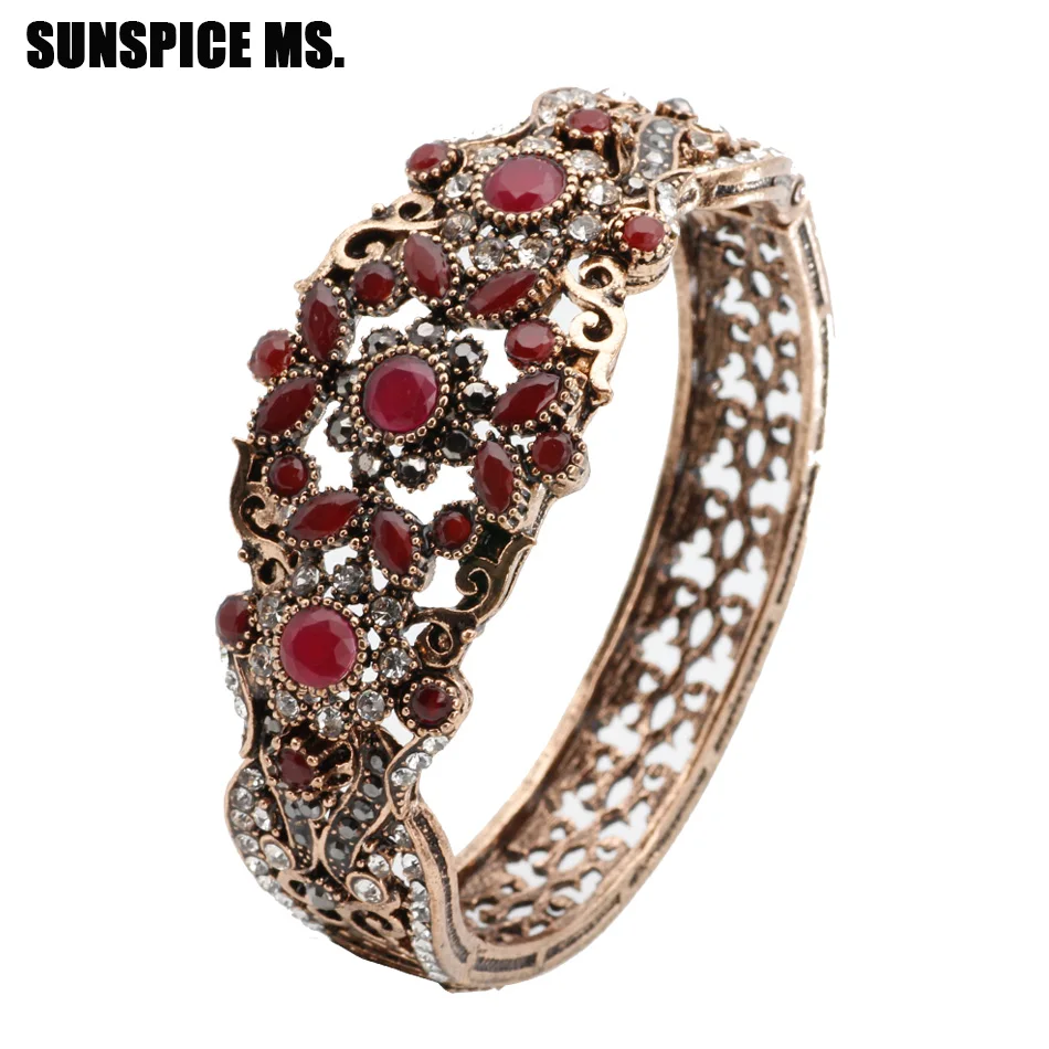 Exquisite Turkish Red Resin Retro Bangle Vintage Cuff Bracelet For Women Antique Gold Color Boho Wedding Jewelry Spring Opening