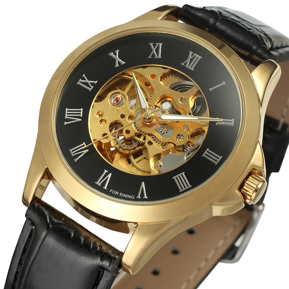 Forsining Brand Classic Retro Design Skeleton Golden Roman Number Brown Genuine Leather Men Mechanical Luxury Automatic Watches