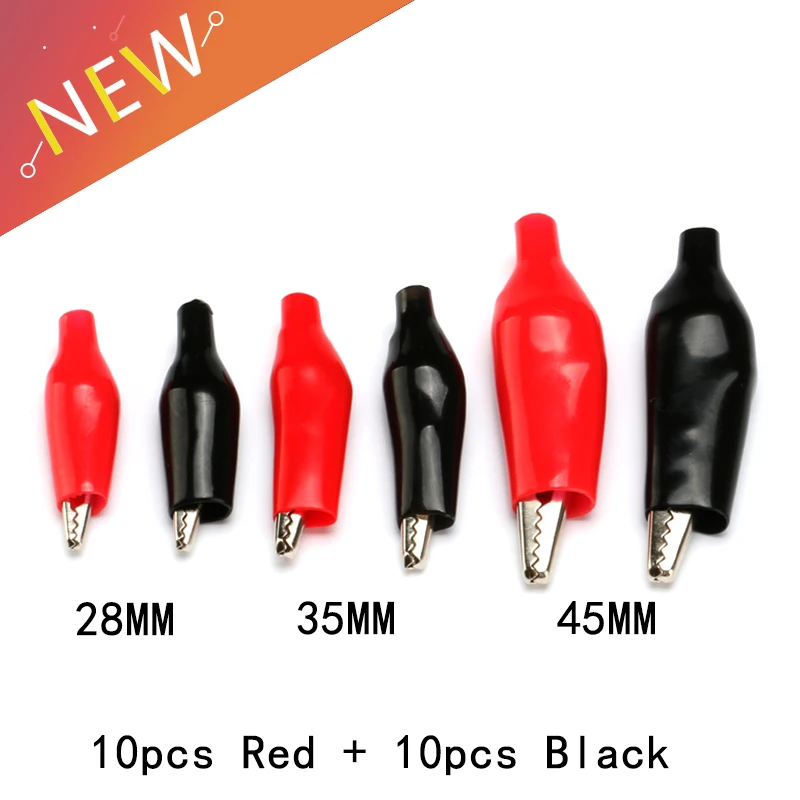 20pcs 28MM 35MM 45MM Metal Alligator Clip G98 Crocodile Electrical Clamp for Testing Probe Meter Black and Red with Plastic Boot