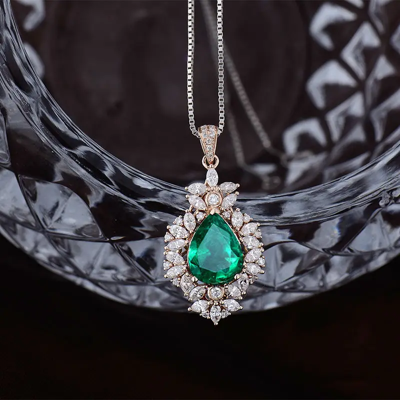 

LANMI Fine Green Emerald Pendant Gorgeous Pear 8x11mm Natural Emerald Real 14Kt Rose Gold Wedding Pendants