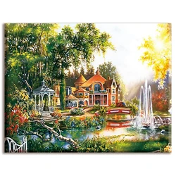 Cross-Stitch,Full Embroidery,House,Landscape ,White Canvas 40x50cm,Cotton Thread,Diy,Needlework,Kits