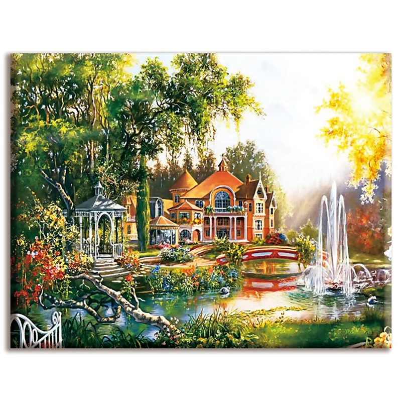 Cross-Stitch,Full Embroidery,House,Landscape ,White Canvas 40x50cm,Cotton Thread,Diy,Needlework,Kits