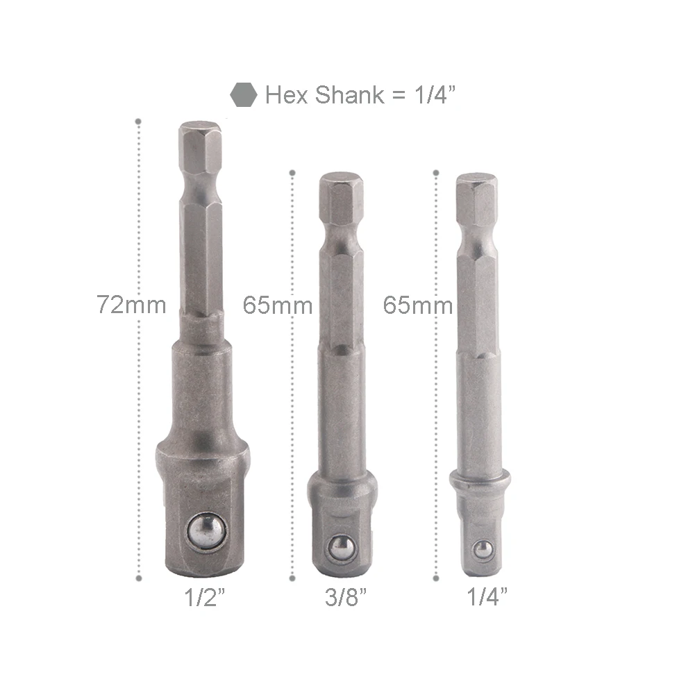 

3pcs Socket Adapter Drill Bits Set Hex Shank 1/4" 3/8" 1/2" Impact Driver Tool