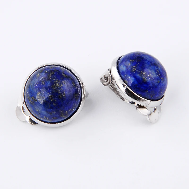 Women Girl Summer Jewelry Round Natural Stone Lapis Lazuli Purple Quartz Bead Clip Earrings for No Pierced Hole Ears Wholesale