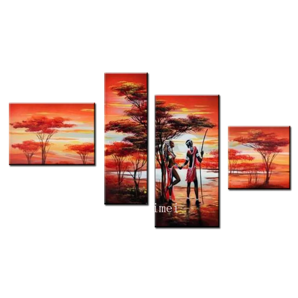 Promotion Art African Tree Lover Noon Abstract Landscape Wall Decor Oil Painting On Canvas 4pcs/set No Framed Landscape Painting