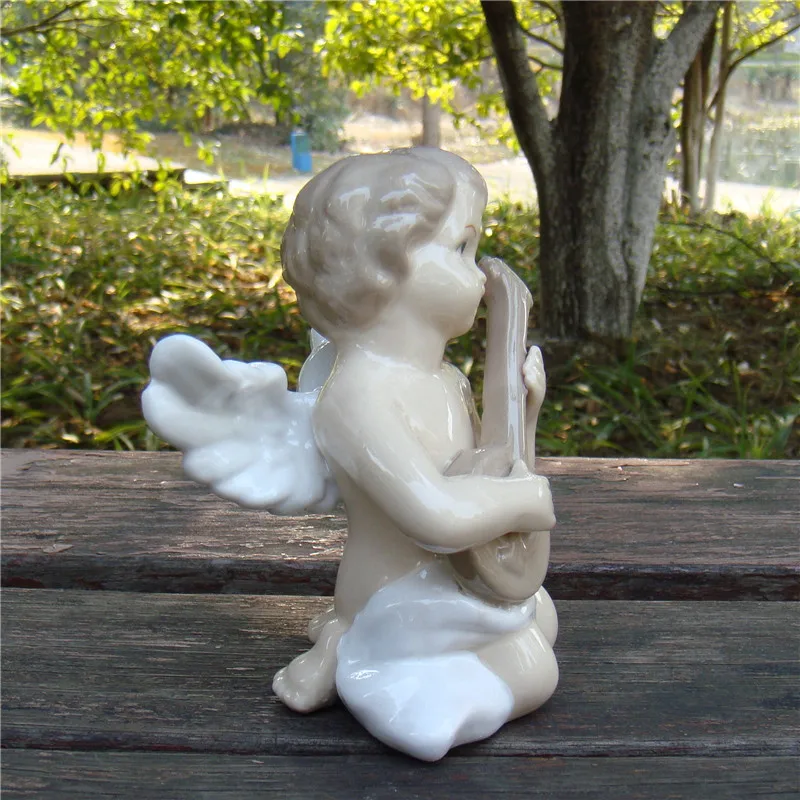 Cute Porcelain Music Angel Figurine Handmade Ceramics Angel Cupid Miniature Household Embellishment Decor Gift Craft Accessories