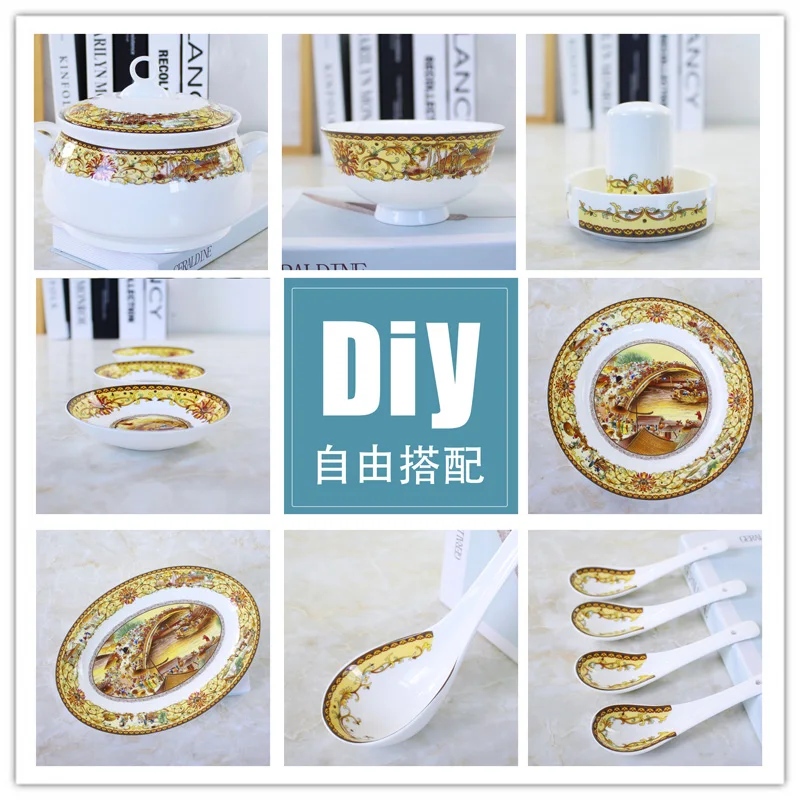 

DIY bowl dishes soup pan soup pan fish pan flat plate Hotel porcelain Jingdezhen glaze pastel Qingming River Map