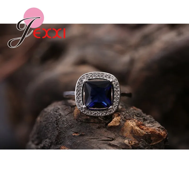 Desain Simpel Elegan 925 Perak Murni Zirkonia Kubik Cincin Persegi Biru untuk Wanita Anak Perempuan Hadiah Terbaik Anillo Bijoux