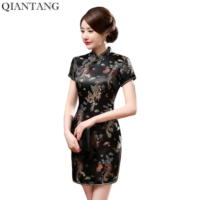 Black Women's Mini Cheongsam Traditional Chinese Short Style Dress Qipao ropa mujer Size S M L XL XXL 3XL 4XL 5XL 6XL J3093