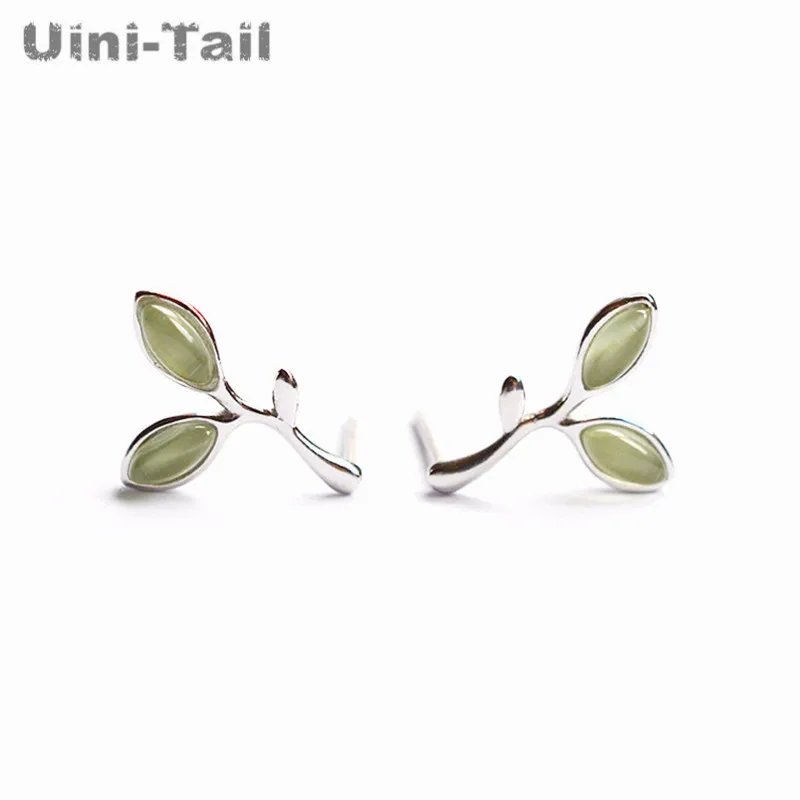 Uini-Tail HOT new 925 Tibetan silver green leaves earrings Korean fashion simple trend ear movement jewelry high quality ED022