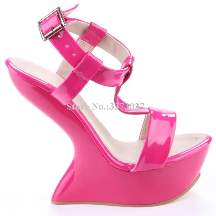 New Patent Leather Candy Color Strange Style Heels Wedge Sandals Woman Super Heels Platform Sandals Fashion Party Shoes