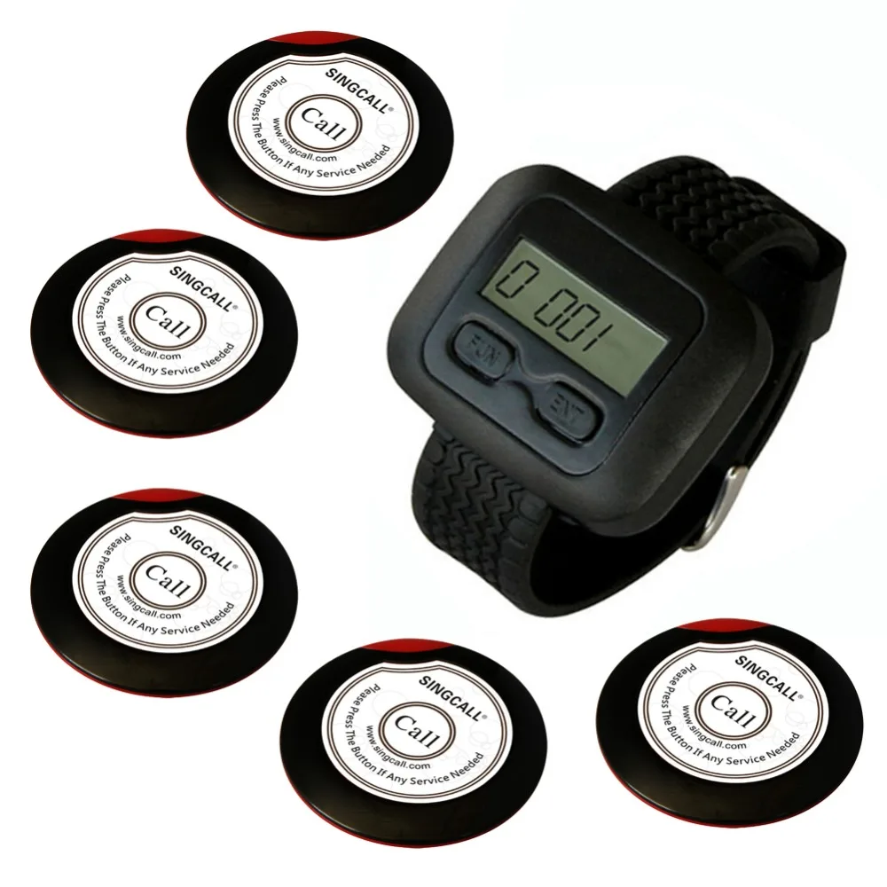 SINGCALL Wireless Waiter Pager System for Restaurant, Supermarket, 5pcs Table Buttons and 1pc Wrist Watch Receiver