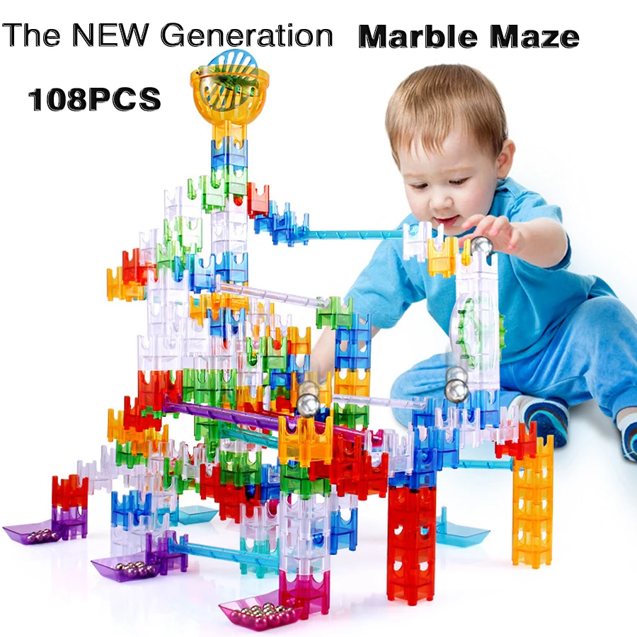 108PCS Rails Builder Set Marble Run Cube Building Blocks amaze with Cubes Maze Balls Marble Maze Educational Toys For Children