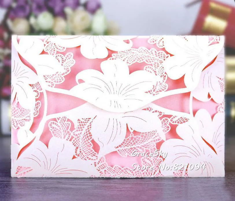 

50pcs free shipping Laser cut Hollow Lily Flowers paper Wedding invitation cards with inner sheet Wedding RSVP cards