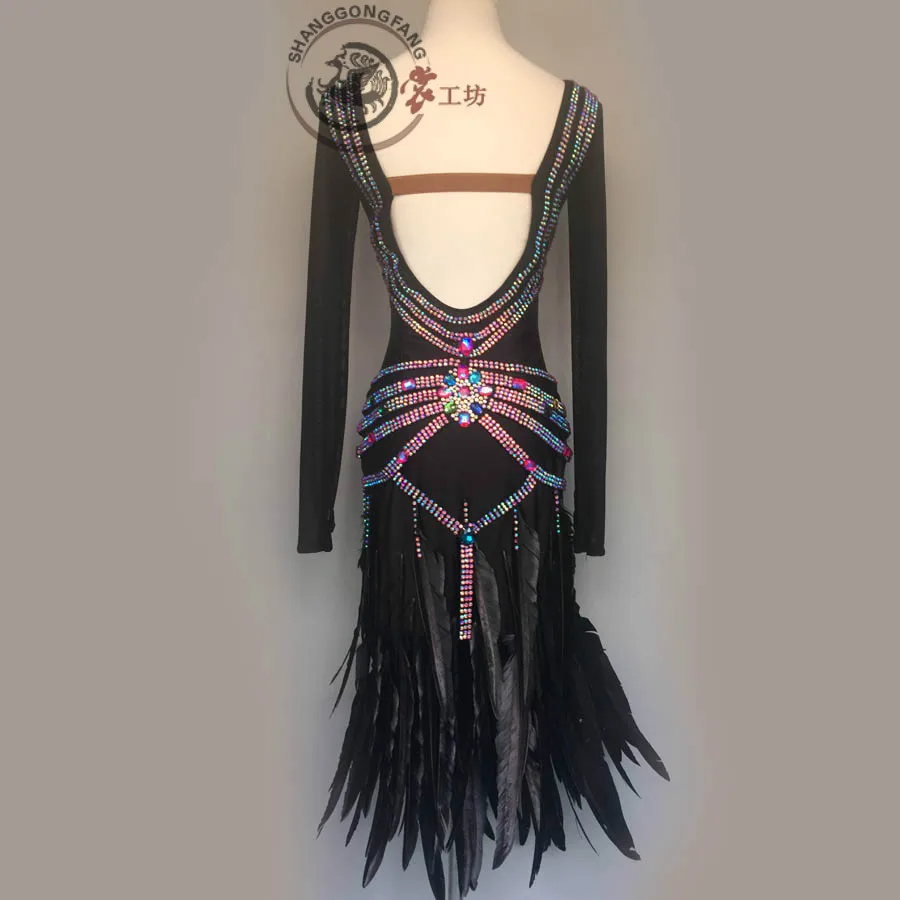 New style latin dance costume sexy stones feather latin dance dress for women latin dance competition dresses A85 S-4XL