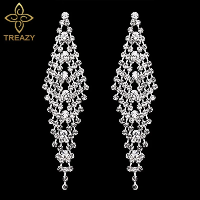 TREAZY Silver Color Crystal Bridal Long Earrings Shiny Rhinestones Wedding Party Dangle Earrings for Women Jewelry Gifts