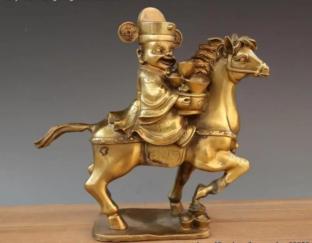 Brass Copper Wealth Money YuanBao Tianpeng Marshal Pig Bajie Ride Horse Statue