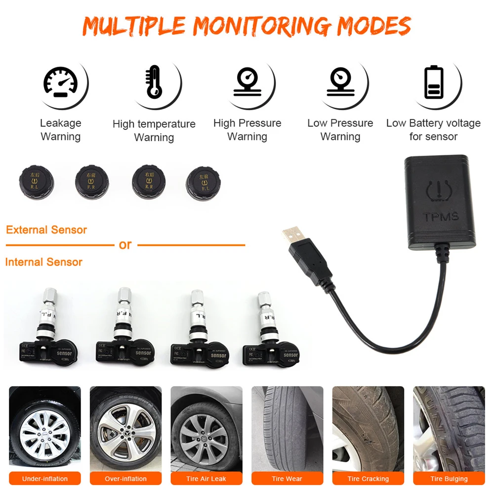 USB Android TPMS tire pressure monitor/Android tire pressure monitoring alarm system wireless transmission TPMS