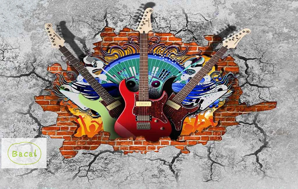 

Bacal Custom 3D Murals Wallpaper Guitar Rock Graffiti Art Broken Brick Wall KTV Bar Tooling Home Decor Wall Paint Mural Fresco