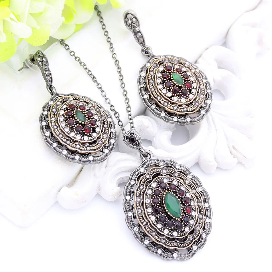 SUNSPICE-MS Retro Vintage Turkish Round Drop Earring Necklace Sets For Women Arabic Ethnic Wedding Jewelry with Rhinestone