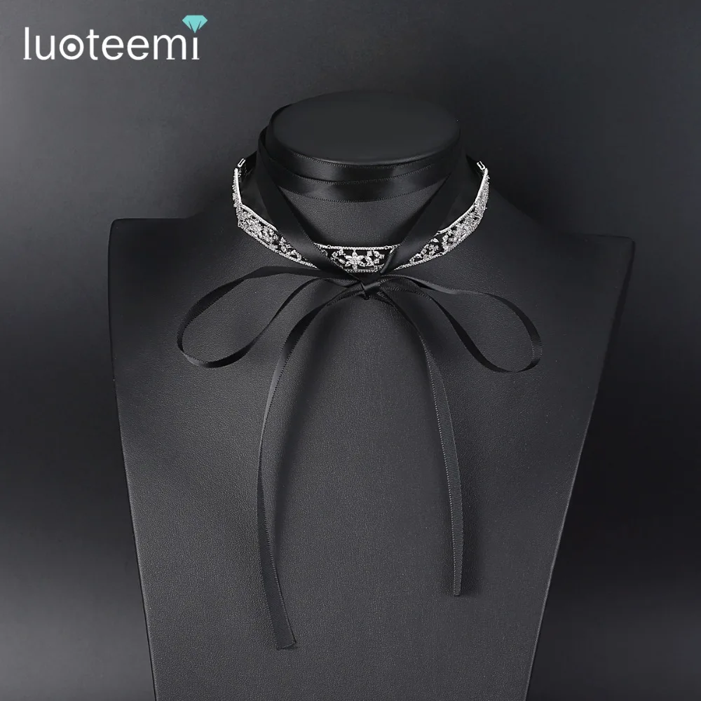 LUOTEEMI White Gold Color Unique Long Soft Black Rainbow Cubic Zirconia Charm Necklace for Women Chokers Fashion Jewelry