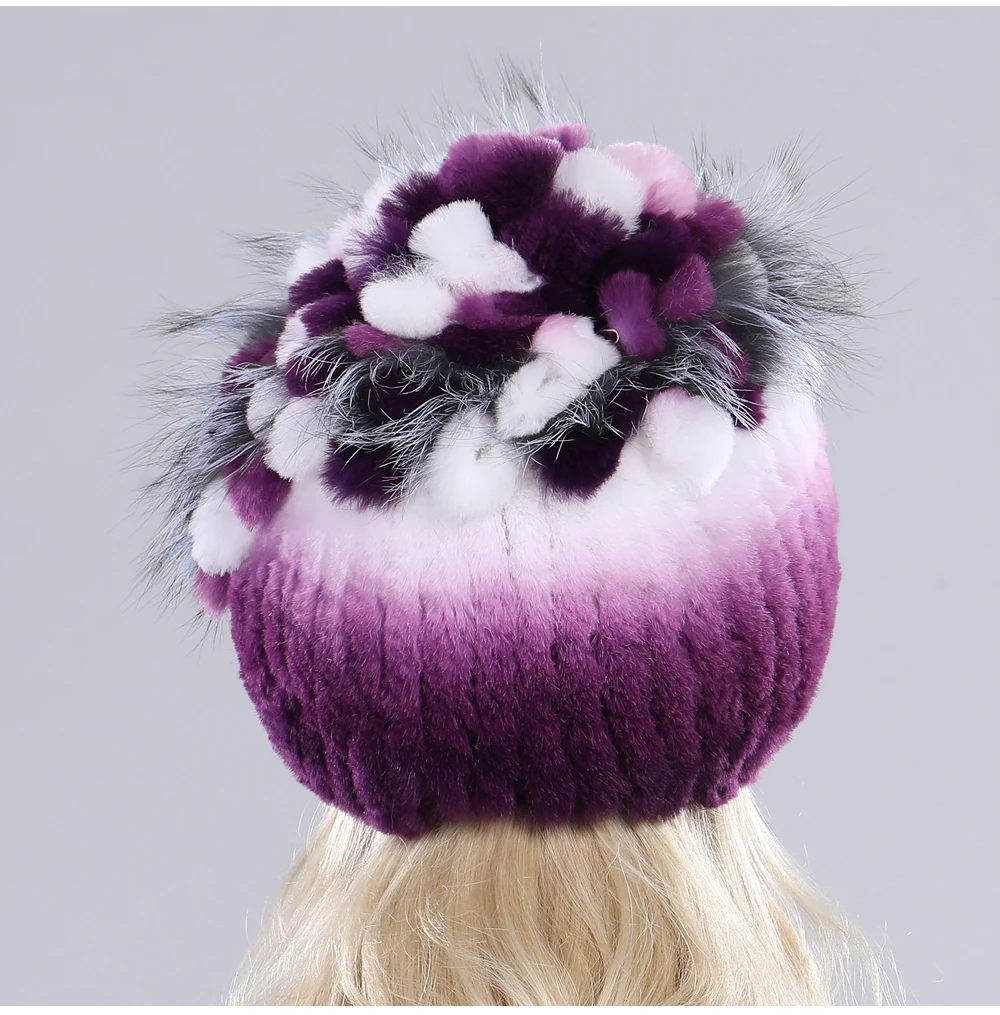 Neue Russische Damen Echt Rex-Kaninchenfell Mützen Luxuriöse Gestrickte Blumen Echte Rex-Kaninchenfell Kappe Winter Echt-Fell Beanie Mütze – Detail 40
