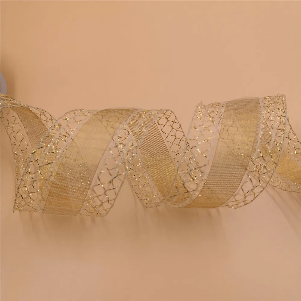 38MM X 25yards Wired Edged Net Gold Metallic Ribbon for Gift Box Wrapping Christmas Decoration N2264