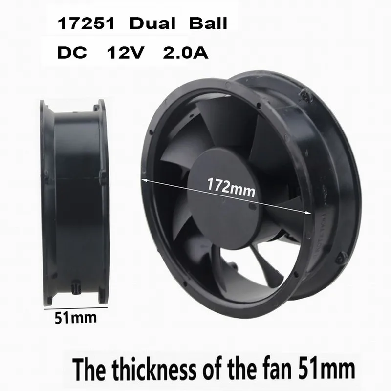 Gdstime-듀얼 볼 12V 금속 기계 케이스, 17cm 17251 172mm x 51mm DC 냉각 팬, 170mm x 50mm 원형 모터 쿨러, 1 개