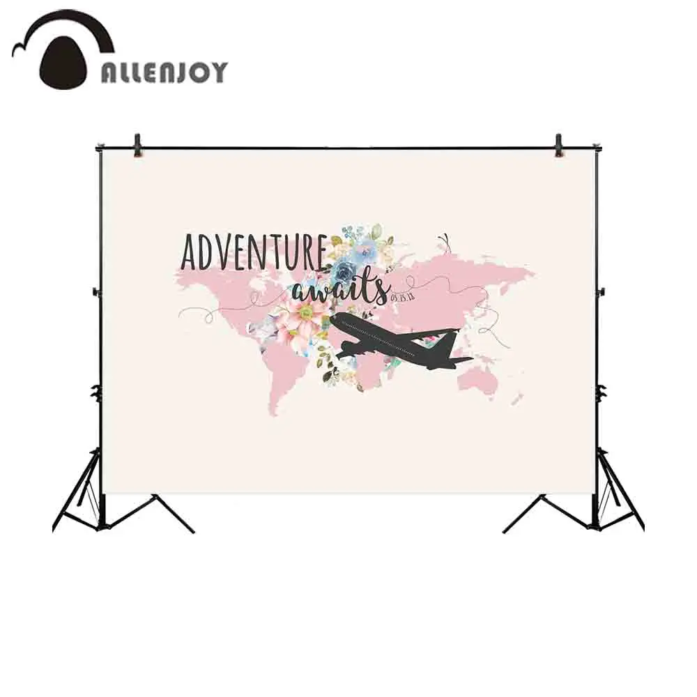 خلفية من Allenjoy photophone رومانسية وردية خريطة العالم مغامرة الأزهار تنتظر السقوط في طائرة الحب صورة خلفية للزفاف