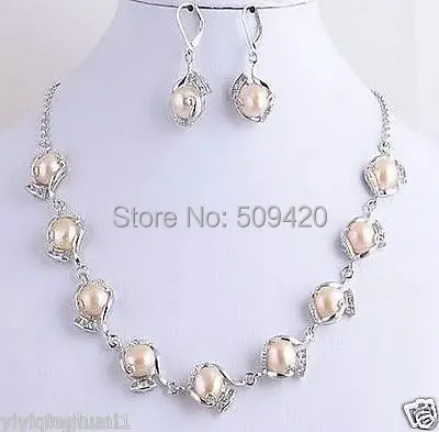 

Free Shipping Pink Natural Pearls Zircon Necklace Earrings Jewelry Sets