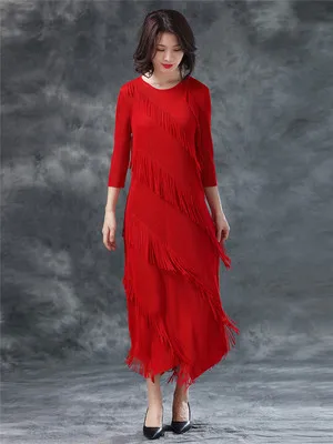 HOT SELLING Miyak The dress fashion  word loosely contracted fold collar three quarter  Exquisite detail tassel dresses IN STOCK