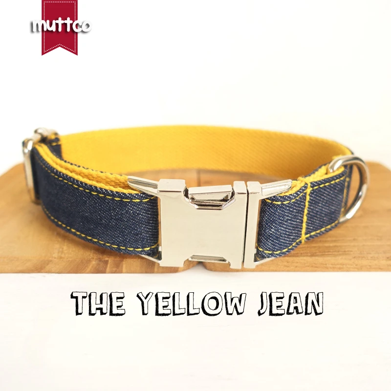 

10pcs/lot MUTTCO wholesale self-design stout dog collar THE YELLOW JEAN handmade mazarine and yellow 5 sizes dog collars UDC037