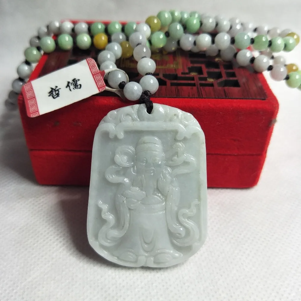 

Zhe Ru Jewelry Pure Natural Jadeite Shallow God of Fortune Pendant Tricolor Jade Bead Necklace Send Class A Certificate