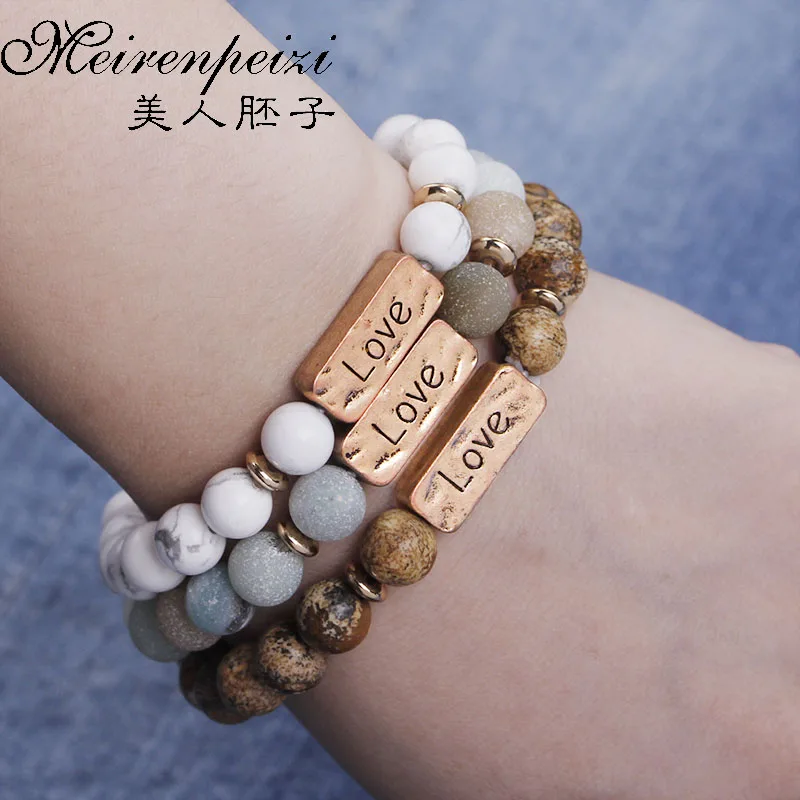 Women Men Letter Bracelets Vintage Natural Stones Beaded Bracelet Punk Inspirational Forever Faith Bracelets Handmade Jewelry