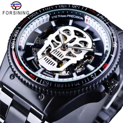 2018 Fashion Winner Brand Man Steampunk Skull Auto Mechanical Clock Black Stainless Steel Skeleton Dial Cool Design Wrist Watch