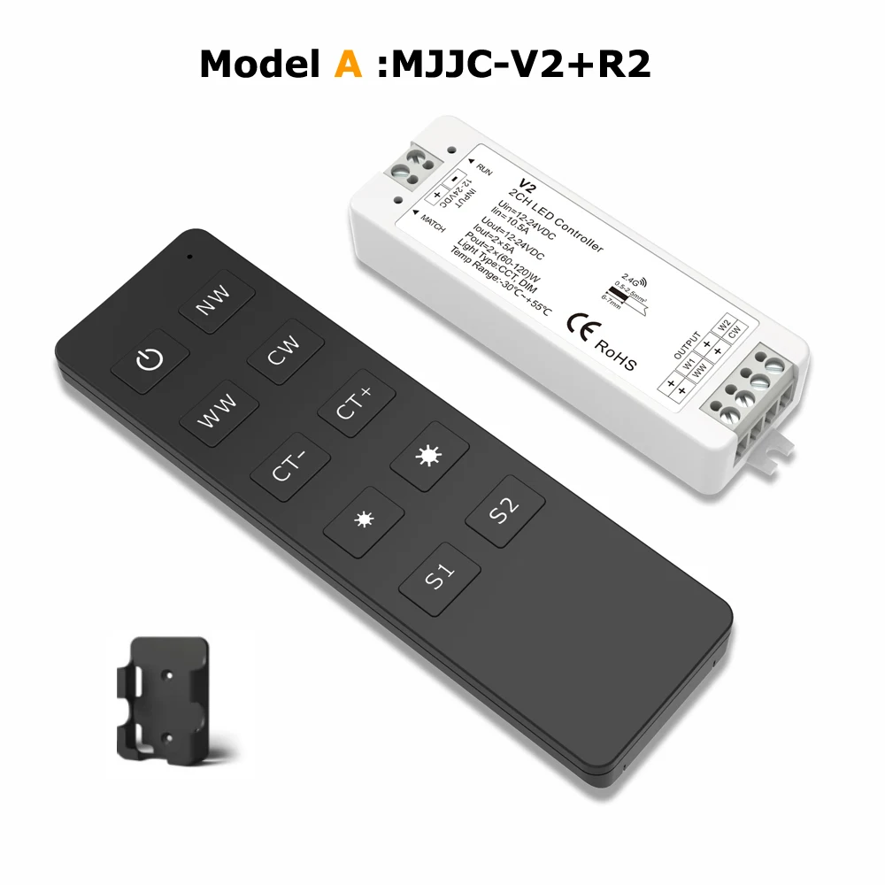 WW CW LED Controller 12V 24V 10A 2CH 2.4G Single Color CCT Light Strip LED Dimmer Controller RF Wireless Remote with Holder V2