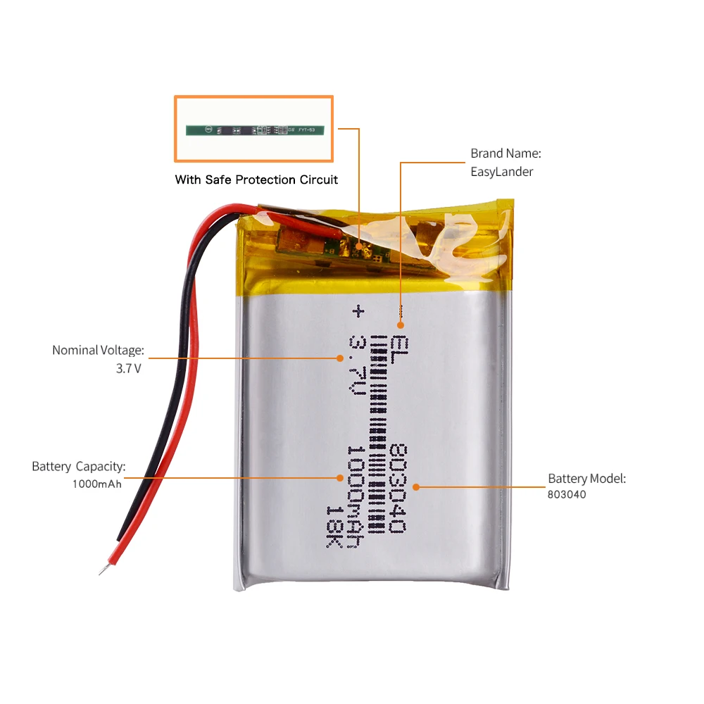 3.7V 1000mAh Lipo Lithium Polymer Battery 803040 lantern headlamp flashlight headphones bluetooth speaker