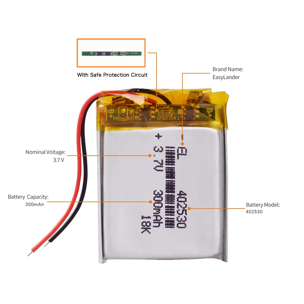 3.7V 300mAh 402530 Rechargeable Lithium Li-ion Polymer Battery for Mp3 Player Headphones Registrar